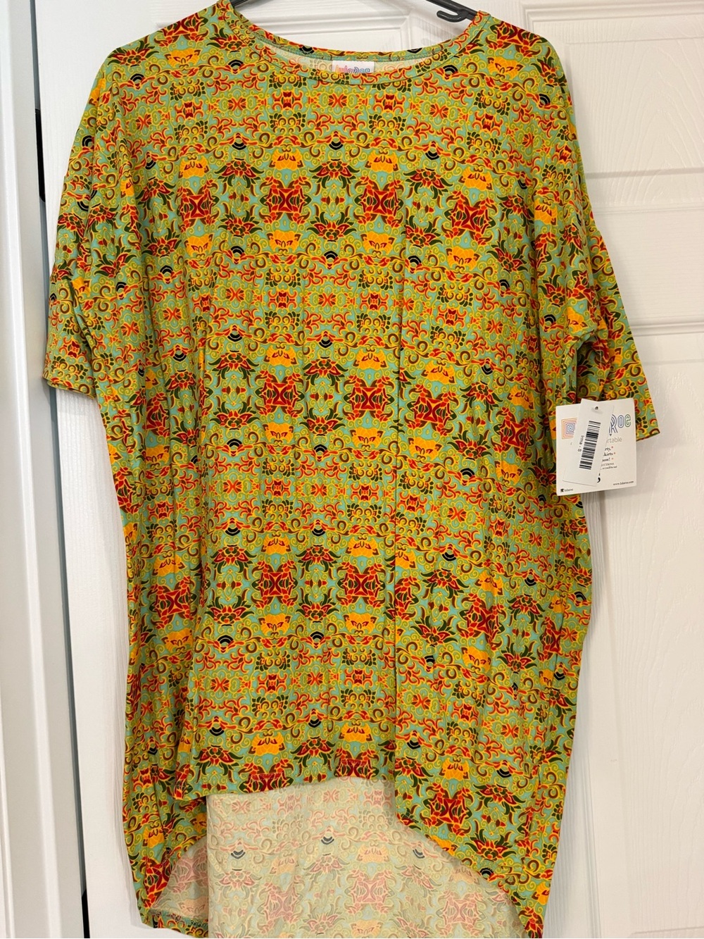 Lularoe Irma Short-Sleeve Patterned Tunic in Green and Yellow